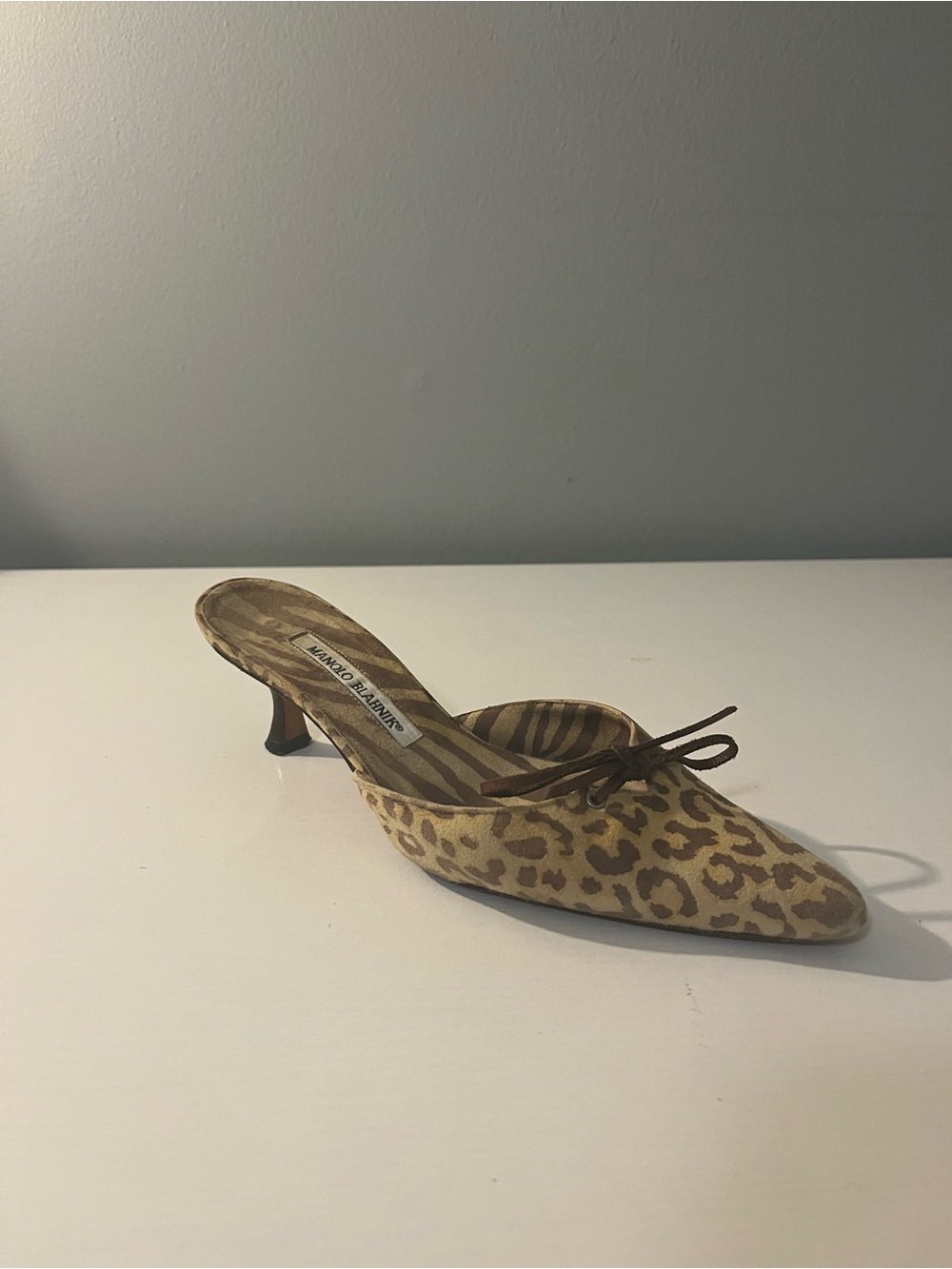 Manolo Blahnik Leopard Print Pointed Toe Mule in Brown and Tan